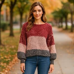 Colorblock Knit Sweater Long Sleeve Soft